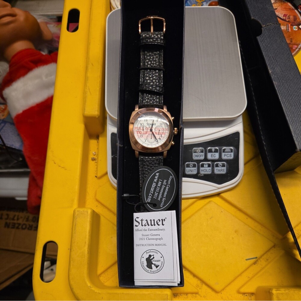 Stauer 1821 Chronograph Rose Color Face Black Leather Band New with Box Manual